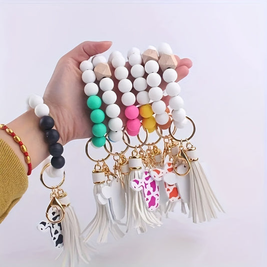 Wooden Bead Wristlet Keychains, PU Leather Tassel, Silicone Bracelet Key Ring, Fashion Accessory For Keys And Wallets