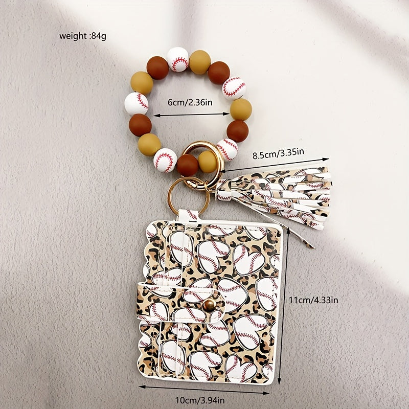 Sporty Chic Beaded Silicone Bracelet Keychain with Coin Purse - Faux Leather, Tassel Accent, Lobster Clasp - Perfect Gift for Women