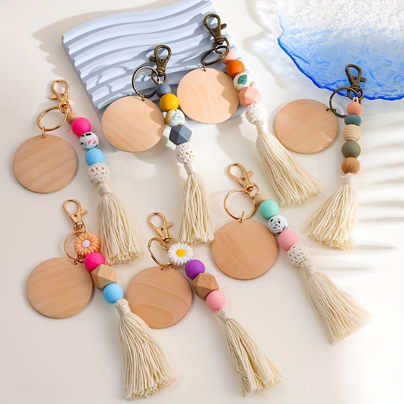 Hemasa Silicone Beads Tassel Wood Chip  Keychain , Bag Charms, Birthday Gifts, Party Favors