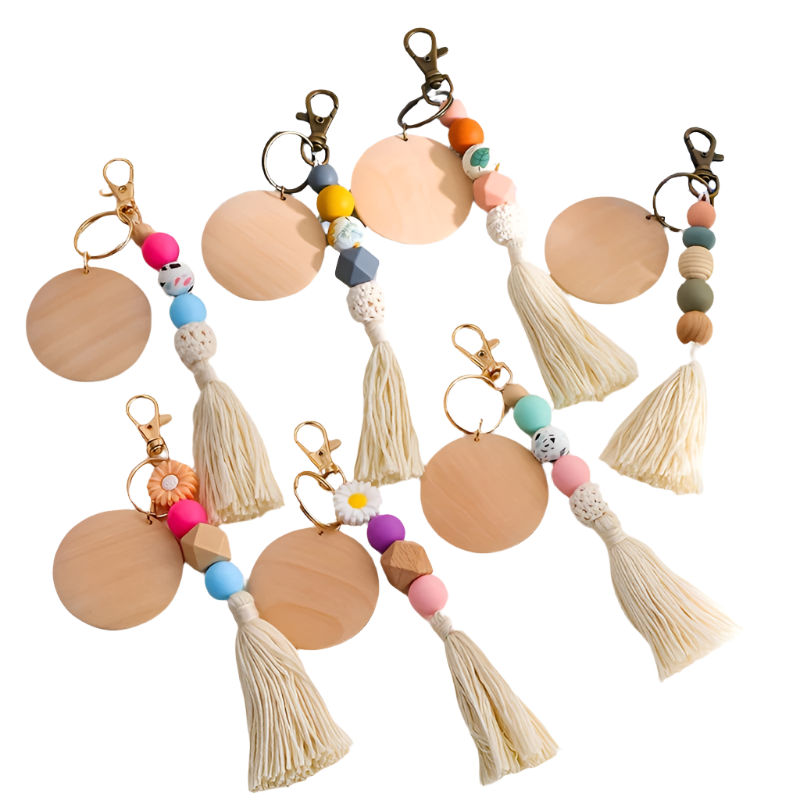 Hemasa Silicone Beads Tassel Wood Chip  Keychain , Bag Charms, Birthday Gifts, Party Favors