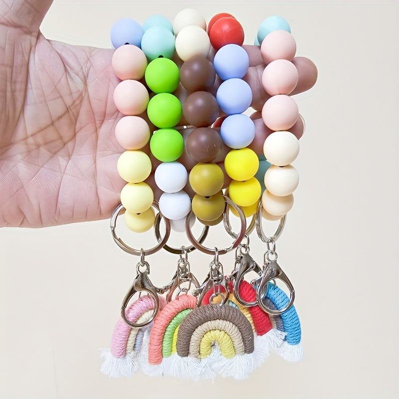 Hemasa 5pcs Silicone Beaded Keychain Set With Rainbow Tassel Charm
