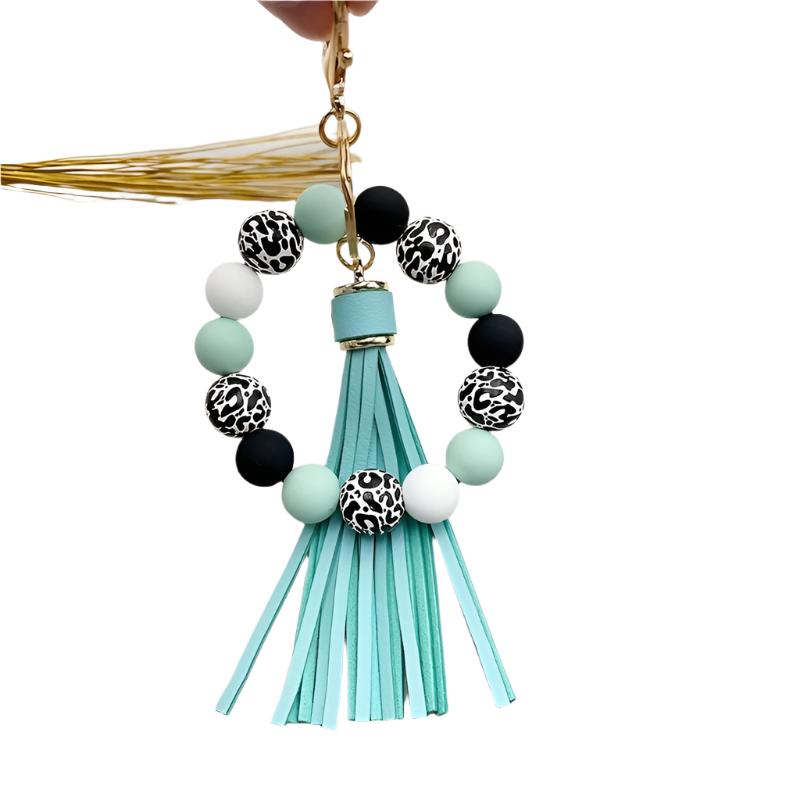 Leopard Silicone Wooden Beaded  Wristlet Keychain With PU Leather Tassel /Fashion Bangle Keychain Bag Charm Phone Lanyard Mother's Day Women Gift