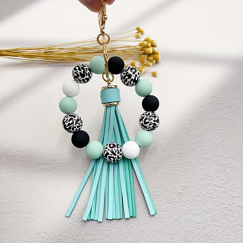Leopard Silicone Wooden Beaded Wristlet Keychain With PU Leather Tassel Fashion Bangle Keychain Bag Charm Phone Lanyard Mother's Day Women Gift