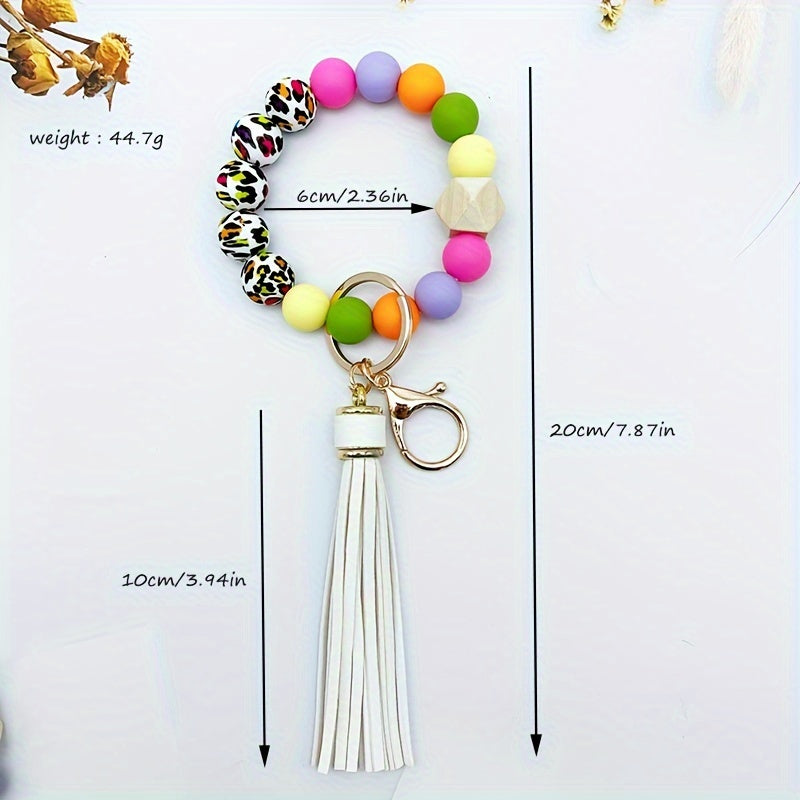 Festive Leopard Print Beaded Bracelet Keychain with Tassel - PU Leather and Silicone Material - Perfect for Halloween - Women's Fashion Accessory