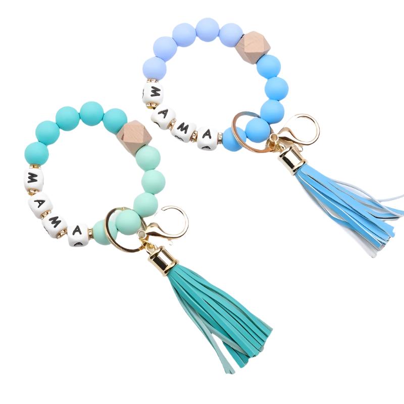 Hemasa MAMA Silicone Beaded Bracelet Keychain Tassel Key Ring/ Purse Bag/ Backpack Car Charm