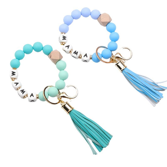 Hemasa MAMA Silicone Beaded Bracelet Keychain Tassel Key Ring/ Purse Bag/ Backpack Car Charm