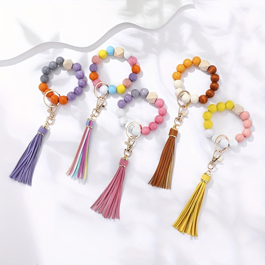 1pc Tassel Decor Beaded Bracelet Keychain Boho Key Ring Purse Handbag Car Charm Earphone Rainbow Pendant, Gift For Mother's Day