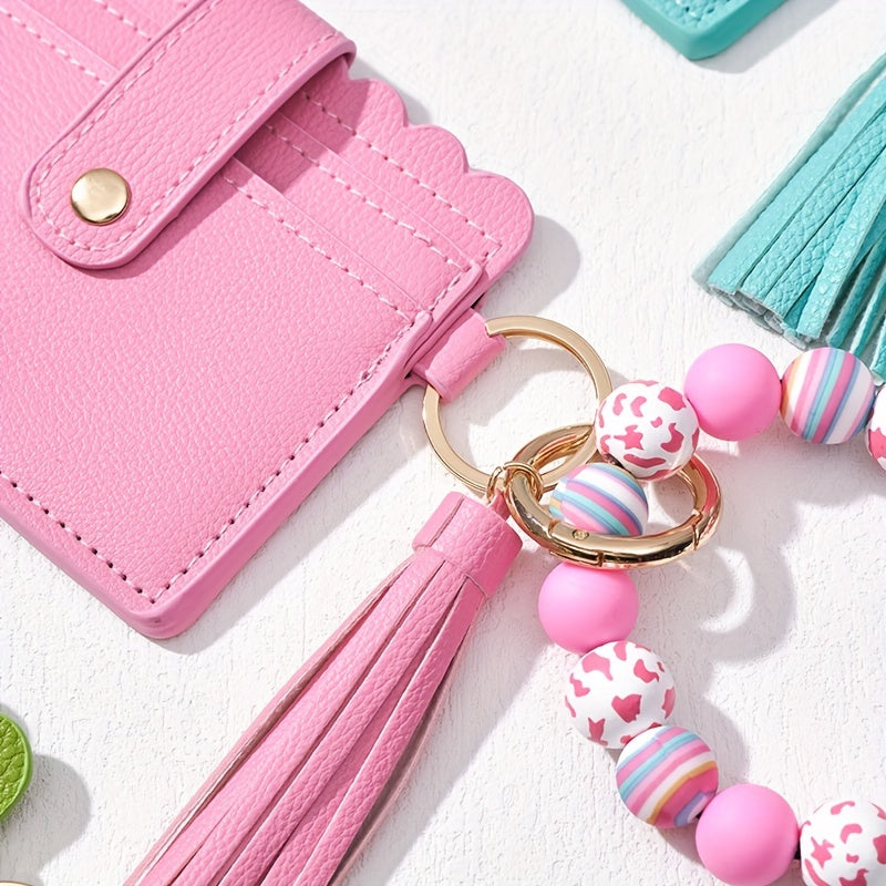 Leopard Silicone Wooden Beaded Wristlet Keychain With Wallet Credit Card Holder Bag Charm Phone Lanyard Bangle Keychain