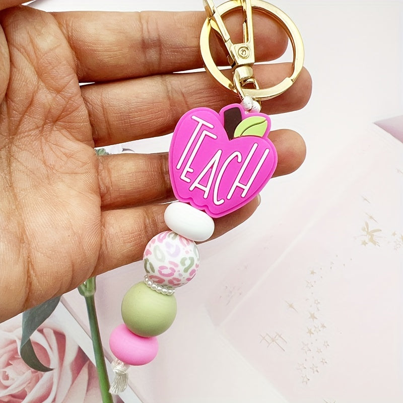 1pc Silicone Bead Keychain With Leopard Print & Pink Apple "TEACH", Cute Fresh Colorful Key Ring, Anti-Lost Bag & Car Key Charm, Perfect For Female Teachers