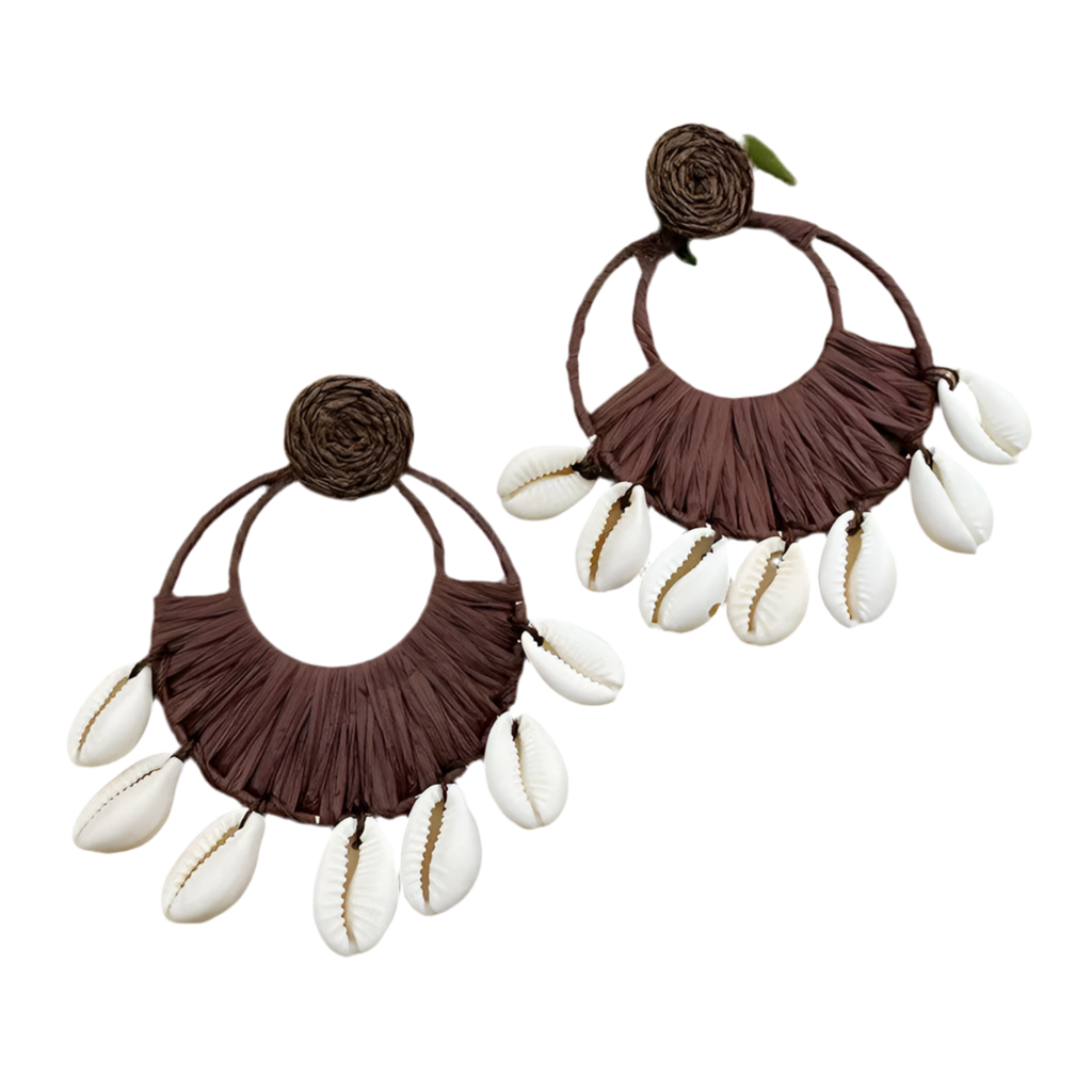 Hemasa Boho Handmade Woven Raffia Shell Drop Earrings /Round Rattan Shell Pendant Dangle Earring For Women /Summer/ Beach