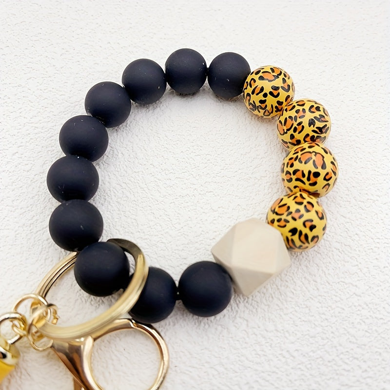 Hemasa Leopard Silicone Wooden Beaded Wristlet Keychain With PU Leather Tassel /Phone Lanyard Bangle Keychain