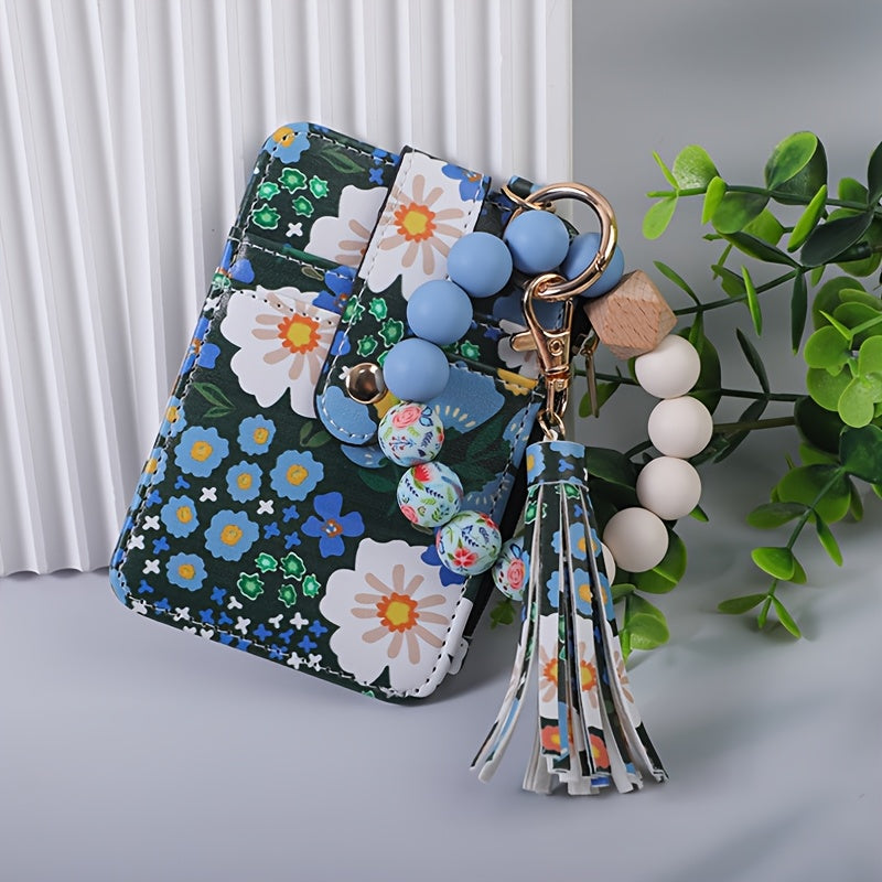 Chic Floral Print Faux Leather Wallet with Beaded Wristlet & Tassel Keychain - Silicone Bracelet Card Holder, Perfect Gift for Women