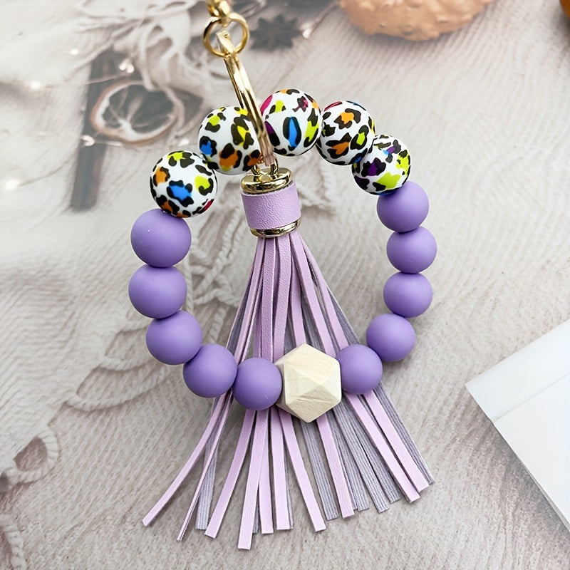 1pc Color Block Silicone Beaded Bracelet Wristlet Keychain Fashion Bag Charm Phone Lanyard Bangle Key Chain Women daily use Gift