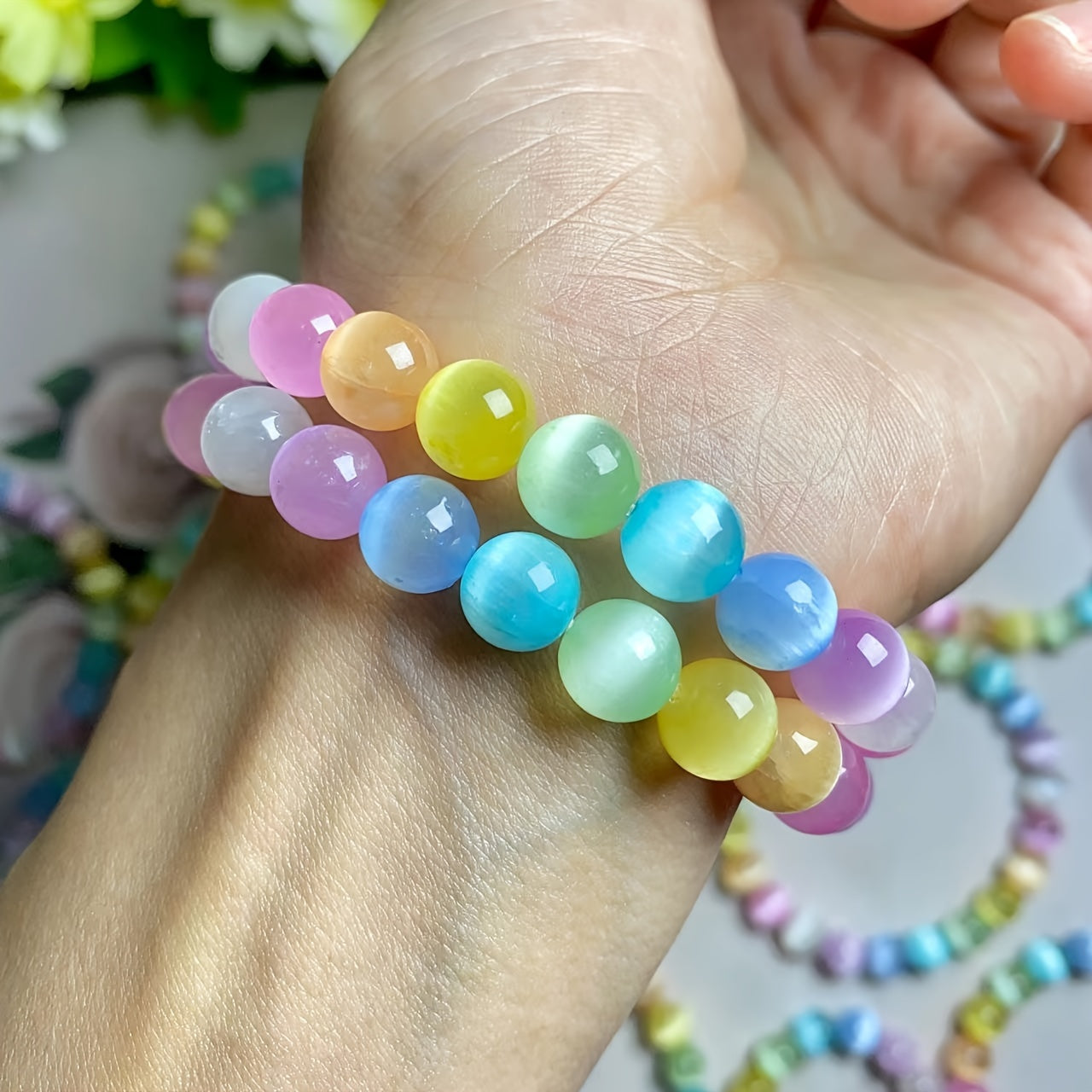 1pc 8mm Aura Natural Selenite Round Bead Bracelet, Colored Selenite Crystal Bracelet