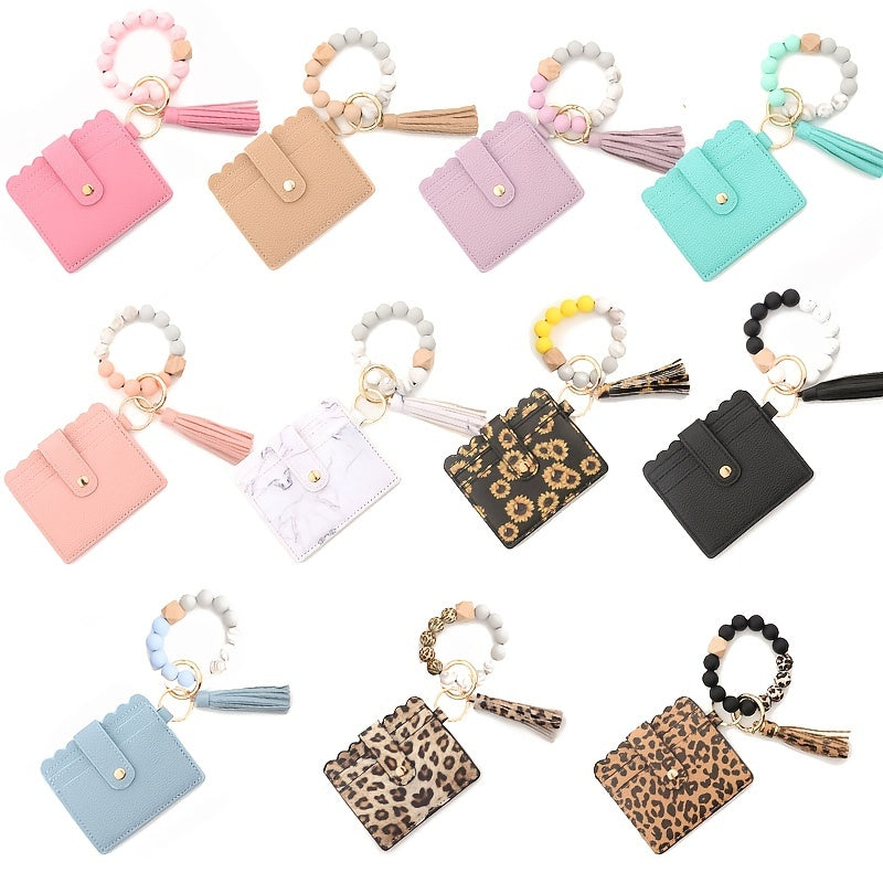 Leopard Pattern Wallet Shape Key Chain PU Leather Tassel Pendant Keyring