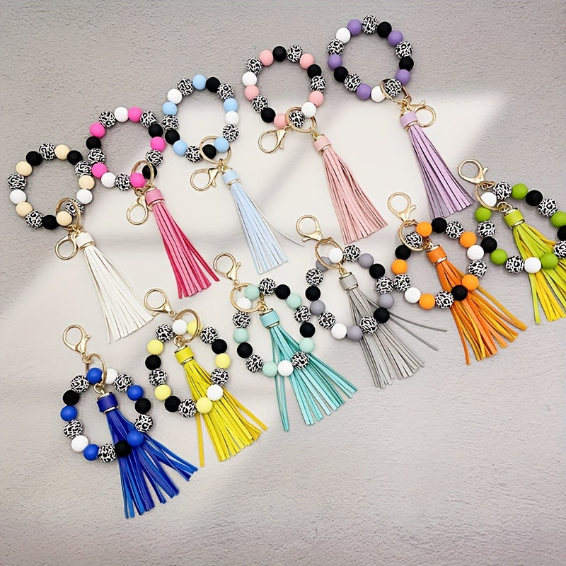 Leopard Silicone Wooden Beaded Wristlet Keychain With PU Leather Tassel Fashion Bangle Keychain Bag Charm Phone Lanyard Mother's Day Women Gift