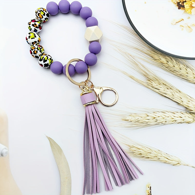 Festive Leopard Print Beaded Bracelet Keychain with Tassel - PU Leather and Silicone Material - Perfect for Halloween - Women's Fashion Accessory
