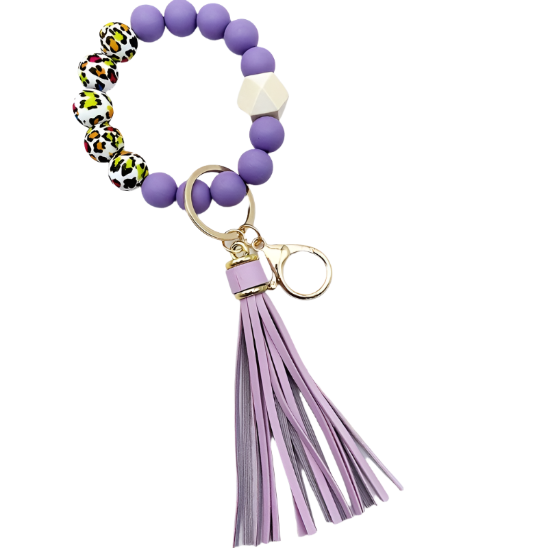 Festive Leopard Print Beaded Bracelet Keychain with Tassel - PU Leather and Silicone Material - Perfect for Halloween - Women's Fashion Accessory
