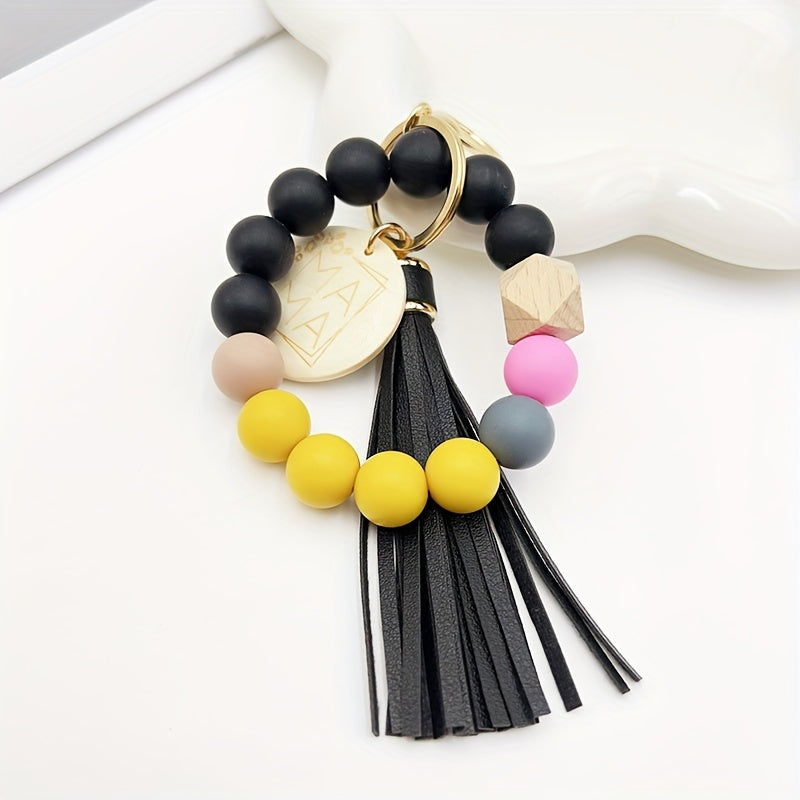 Chic Multicolor Silicone Beaded Keychain with Faux Leather Tassel & 'MAMA' Wooden Charm - Perfect Mother's Day Gift