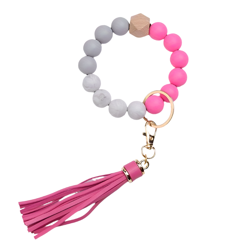 Hemasa   Silicone Bead Keychains With Tassel Charm, Stretchable Colorful Beaded Wristband Key Ring, Universal Fashion Accessory