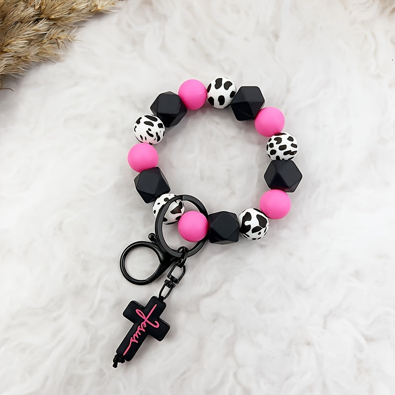 Silicone Bead Keychain, Western Cow Print, Cross & Geometric Charms, Unisex, Gift For Friends & Parents, Trendy Accessory