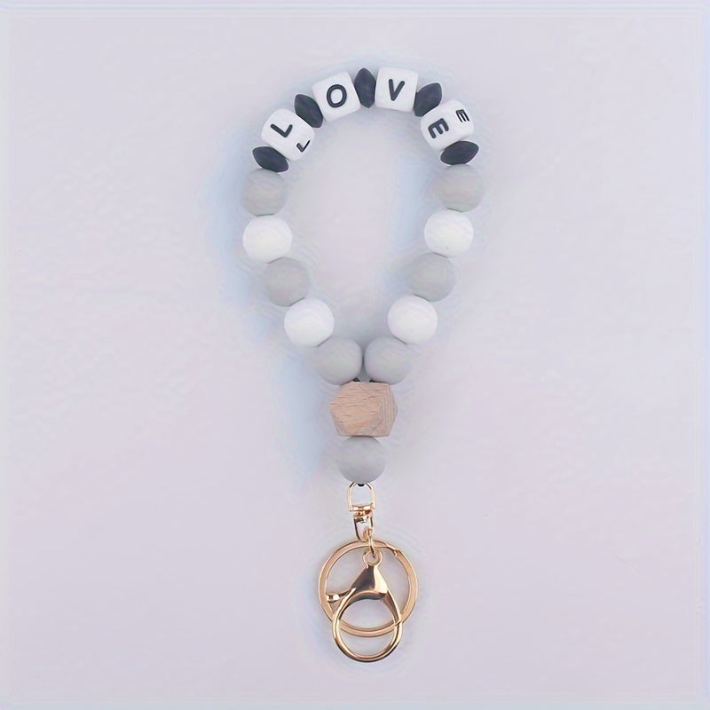 One Pack LOVE Macaron Colorful Keychain Wristband Keychain Elastic Beaded Portable Wristband Bracelet Keychain Car Keychain