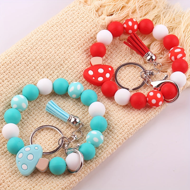 Chic Mushroom Charm Silicone Beaded Bracelet Keychain With Pu Leather Tassel - Lobster Clasp, Cartoon/Plant Theme For Women Pendant For Women