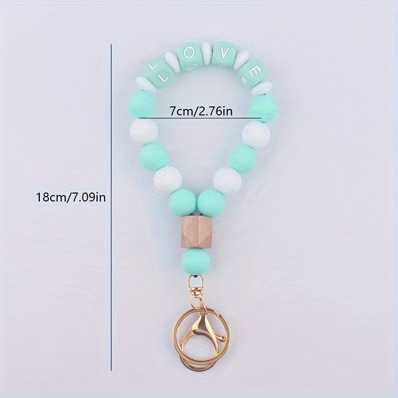 One Pack LOVE Macaron Colorful Keychain Wristband Keychain Elastic Beaded Portable Wristband Bracelet Keychain Car Keychain