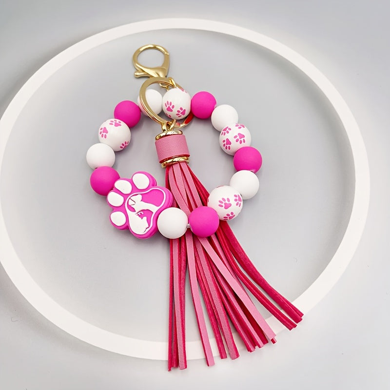 1pc Silicone Dog Footprint Keychain Color Block Beaded Bracelet Keyring Cute Wristlet Tassel Car Key Ring For Women daily use