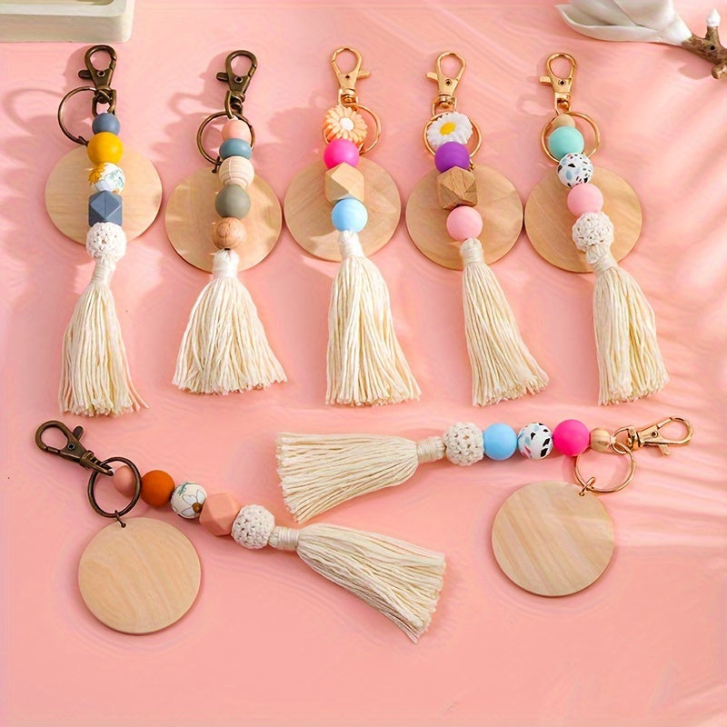 Hemasa Silicone Beads Tassel Wood Chip  Keychain , Bag Charms, Birthday Gifts, Party Favors