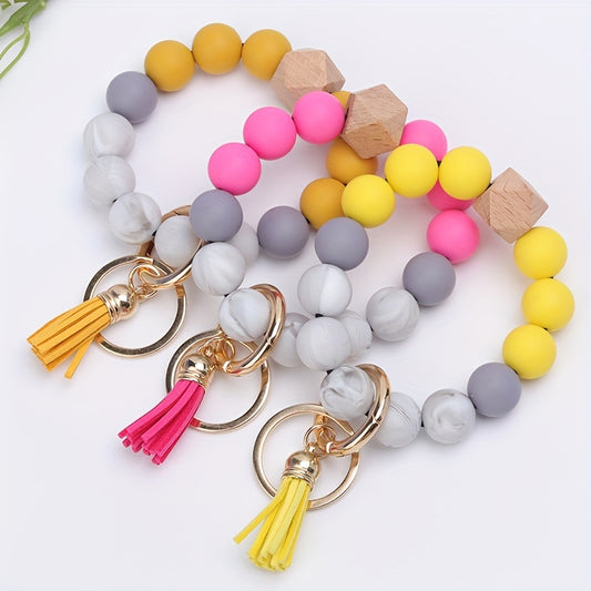 1pc, Silicone Beaded Keychain For Women Bracelet Fashion Vintage Boho Car Keychain Leather Tassel Beaded Bracelet Key Ring Bag Pendant Halloween Thanksgiving Gift Party Small Gift For Men And Women The Same Style
