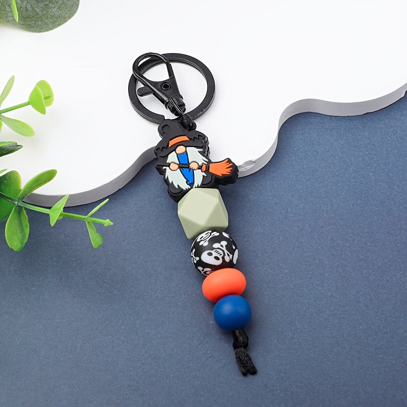 Halloween Witch Broom & Skull Silicone Beaded Keychain - Cartoon/Punk Style, Lobster Clasp, Fashionable Women's Accessory, Perfect Gift