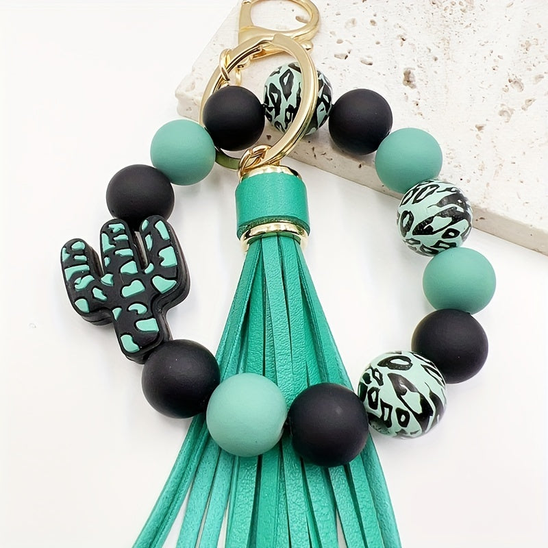 Chic Cactus-Themed Silicone Beaded Keychain with Tassel - Cartoon & Plant Design, Lobster Clasp Charm for Women, Cactus Decor