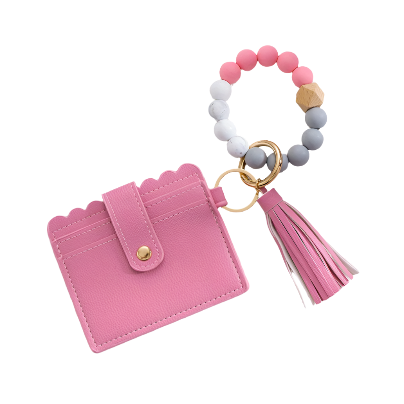 Hemasa Silicone Bead Bracelet Card Holder with PU Tassel Keychain