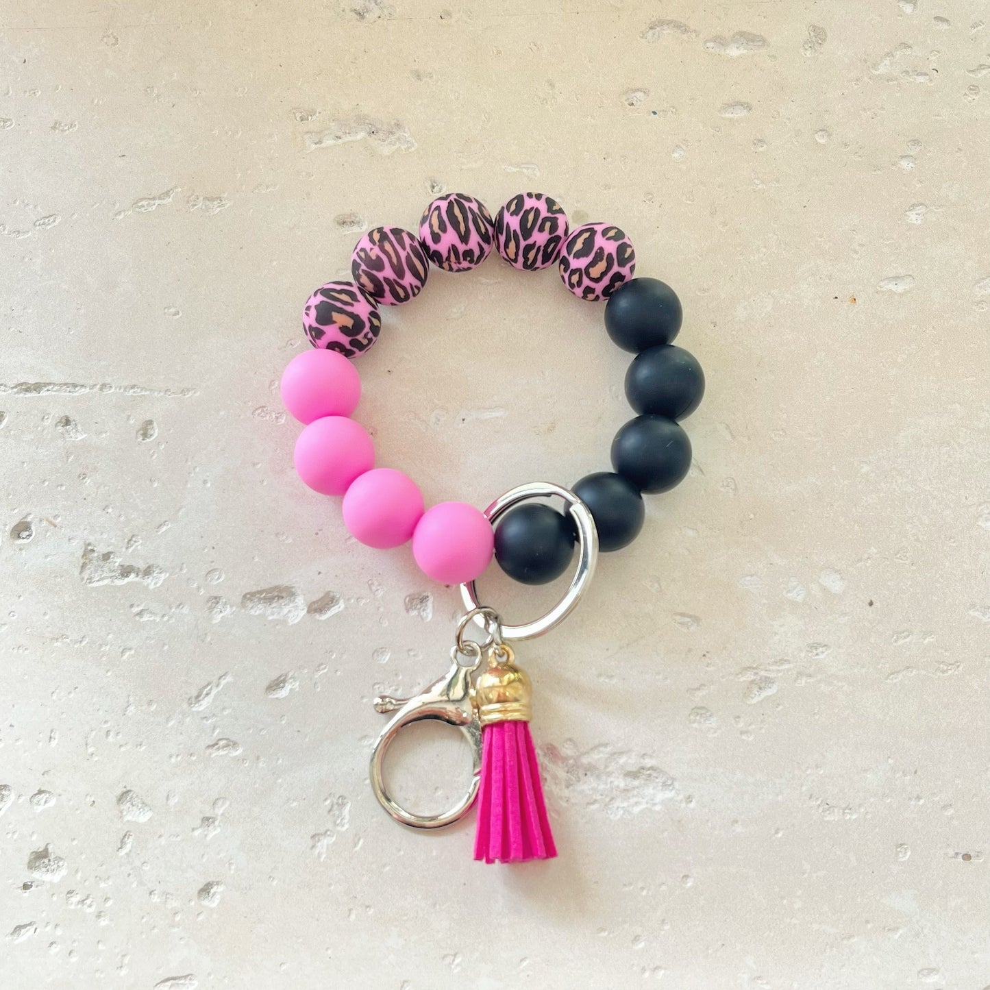 Festive Pink Leopard Print Silicone Bead Keychain with Tassel - Perfect for Birthdays - Women's Fashion Accessory