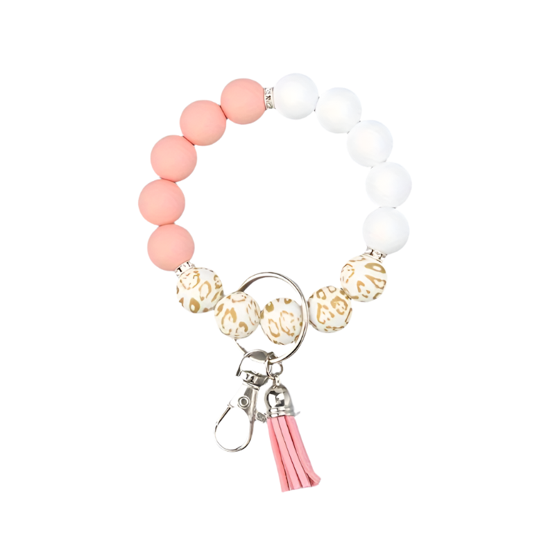 Hemasa Silicone Beaded Keychain with PU Leather Tassel, Leopard Print Car Key Ring