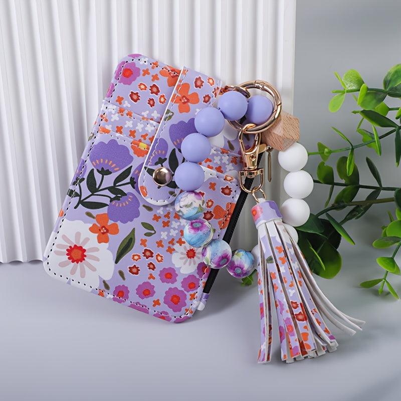 Chic Floral Print Faux Leather Wallet with Beaded Wristlet & Tassel Keychain - Silicone Bracelet Card Holder, Perfect Gift for Women