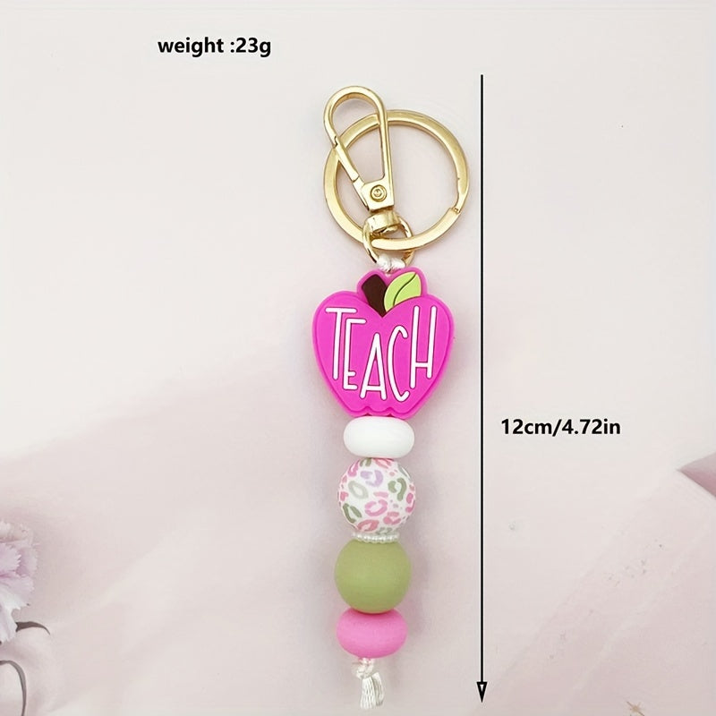 1pc Silicone Bead Keychain With Leopard Print & Pink Apple "TEACH", Cute Fresh Colorful Key Ring, Anti-Lost Bag & Car Key Charm, Perfect For Female Teachers