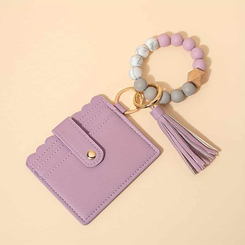 Hemasa Silicone Bead Bracelet Card Holder with PU Tassel Keychain