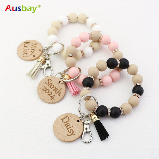 Customized Silicone Beaded Wristlet Keychain With Custom Tag Fashion Bag Charm Phone Lanyard Personalized Name Bangle Key Chain Women Gift