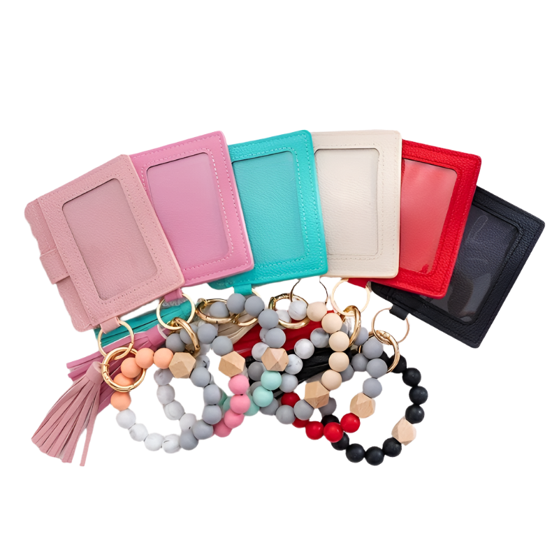 Hemasa Silicone Bead Bracelet Card Holder with PU Tassel Keychain