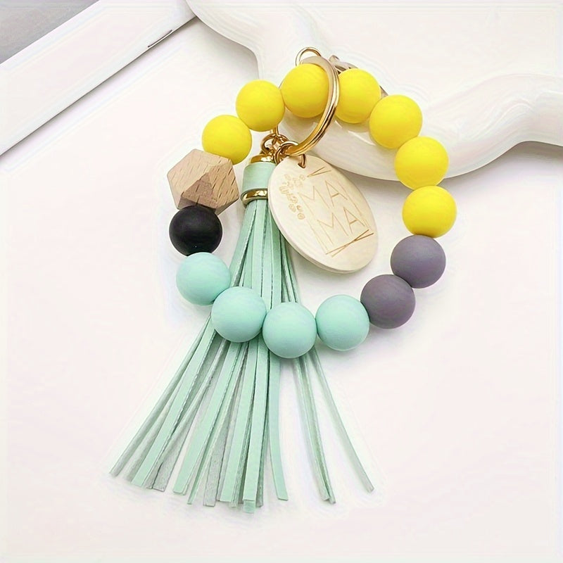 Chic Multicolor Silicone Beaded Keychain with Faux Leather Tassel & 'MAMA' Wooden Charm - Perfect Mother's Day Gift