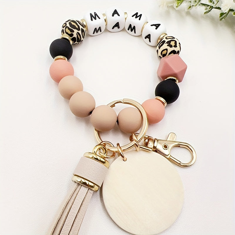 1pc Stylish MAMA Silicone Beaded Wristlet - Adjustable Phone Lanyard Keychain with Tassel Bag Charm - Perfect Daily Accessory for Women, Mother's Day Gift Idea