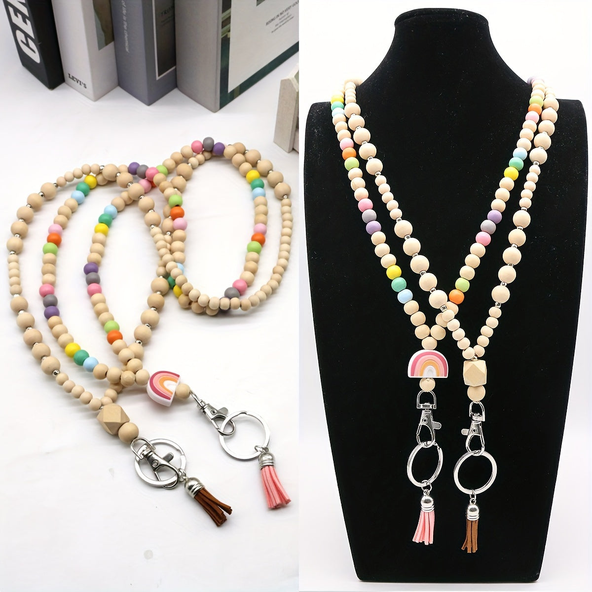 Vibrant Handmade Beaded Necklace with Rainbow Charm and Tassel Keychains - Perfect for Festive Occasions