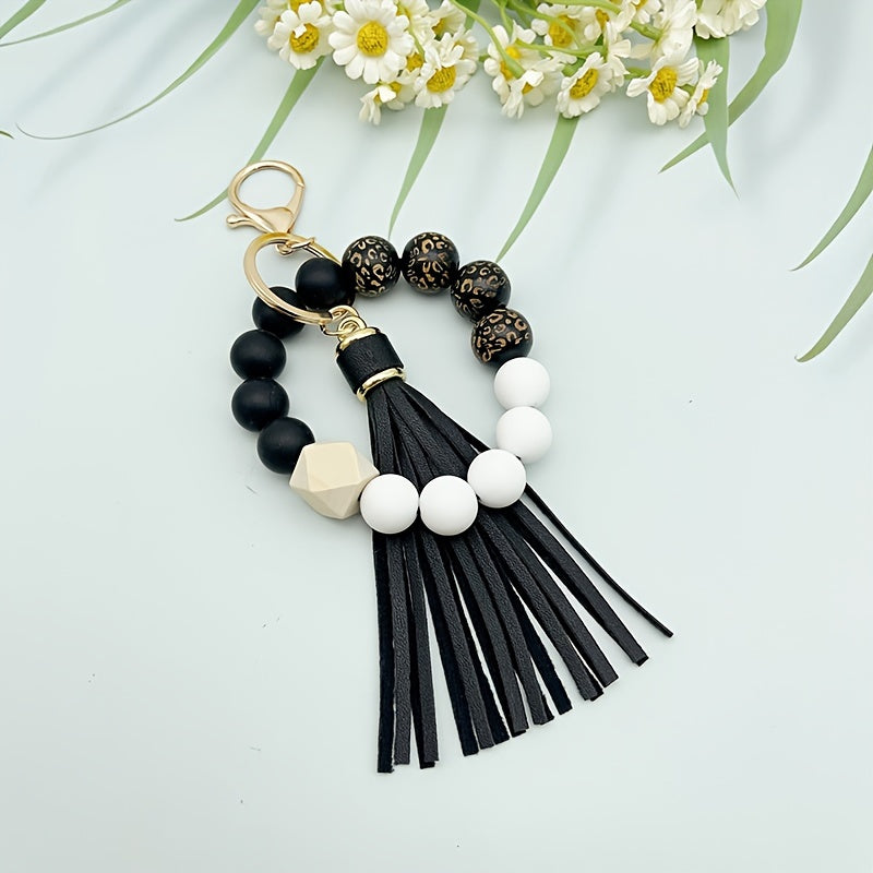 Leopard Silicone Beaded Bracelet Wristlet Keychain Fashion Bangle Key Chain Bag Charm Phone Lanyard Earbud Case Cover Accessories Women Female Gift