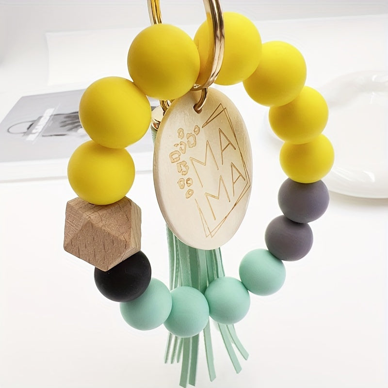 Chic Multicolor Silicone Beaded Keychain with Faux Leather Tassel & 'MAMA' Wooden Charm - Perfect Mother's Day Gift
