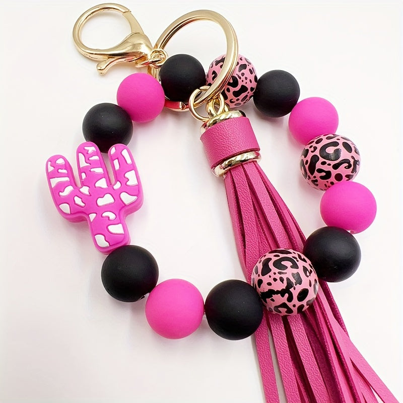 Chic Cactus-Themed Silicone Beaded Keychain with Tassel - Cartoon & Plant Design, Lobster Clasp Charm for Women, Cactus Decor