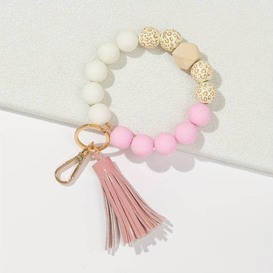 Silicone Beaded Bangle Keychain Pendant With PU Tassel Beaded Bracelet Key Ring