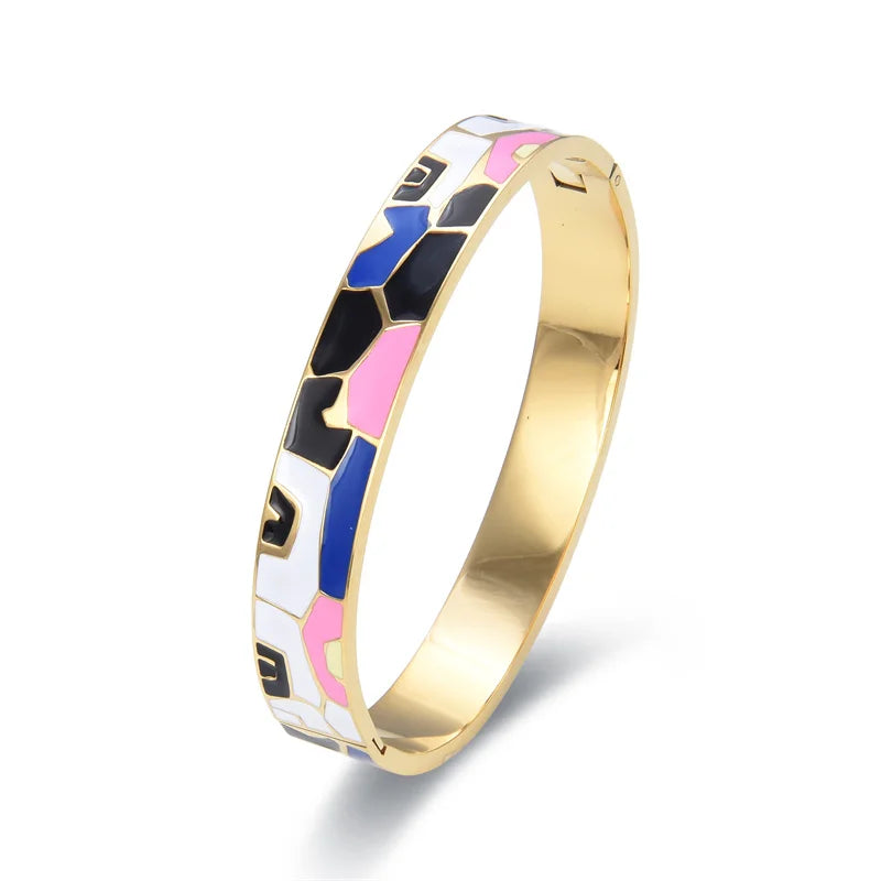 Hemasa  Stainless Steel Open Bangle For Women /Gold Geometric Colorful Enamel Painted Bracelet