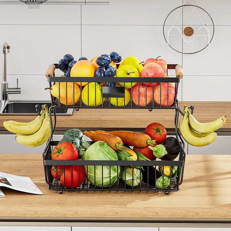 2 Tier Carbon Steel Multi-layer Fruit Basket Metal Storage Box Display Rack for Living Room Kitchen Detachable Fruit Basket